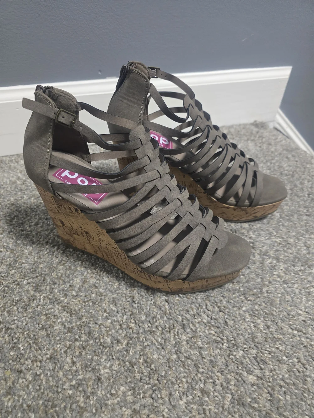 Pop Olive-Taupe Strappy Cork Wedge Sandals